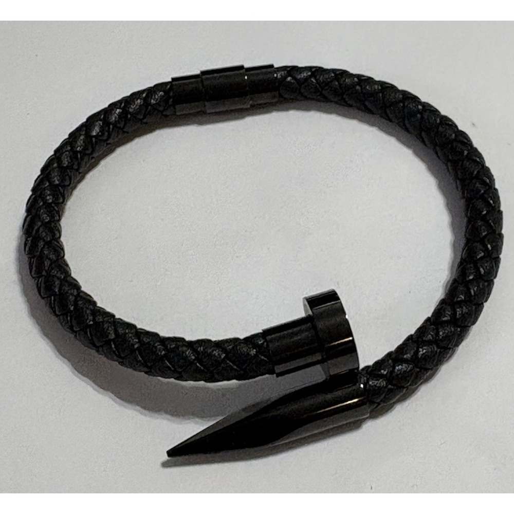 Black Braided Cord Nail Screw Bracelet, Stainless Steal, Magnetic Close